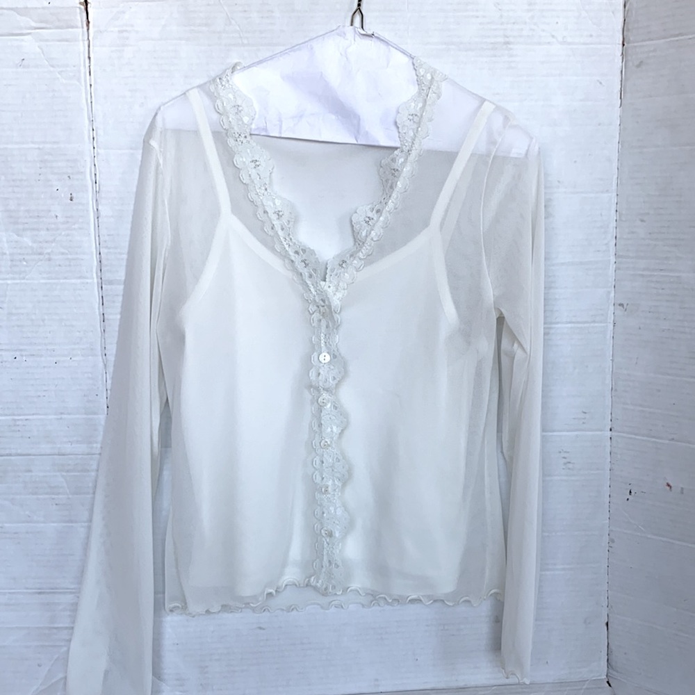 Jazzie Women Sheer Ivory Lacey Blouse with Camisole Buttons Scalloped Hemline